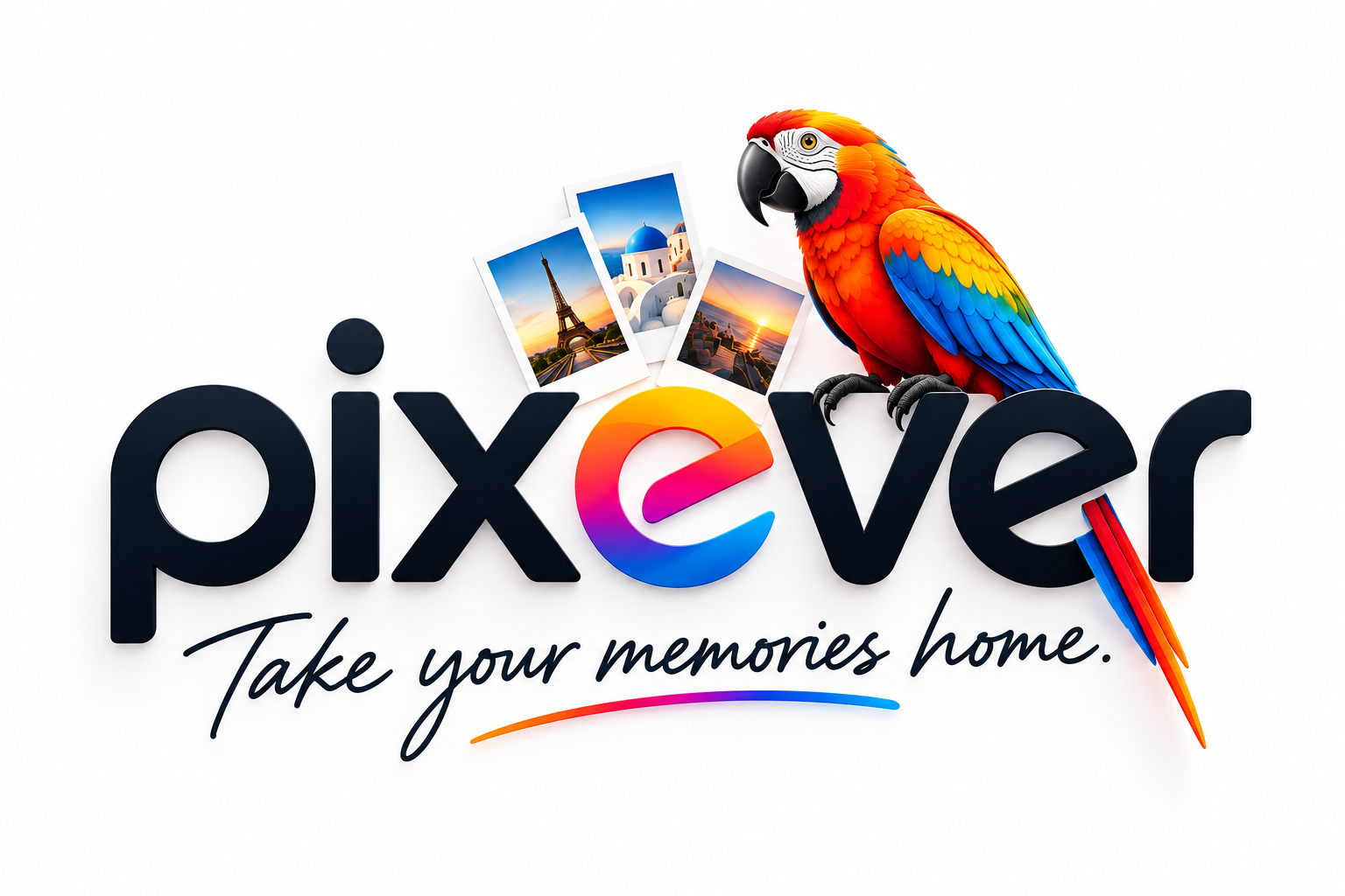 Pixever logó ara papagájjal, utazási fotókkal és Take your memories home szlogennel